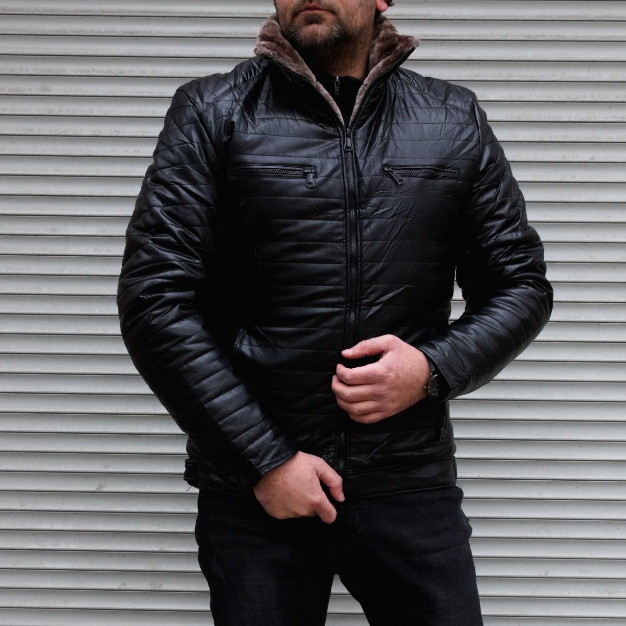 Куртка чоловіча зимова батал шкіряна на хутрі утеплена великого розміру чорна