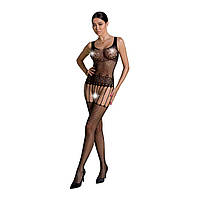 Бодістокінг Passion ECO BS001 One Size black, з доступом, імітація підв’язок, флористичний декор - SO7065