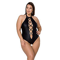 Боді з екошкіри Passion NANCY BODY 6XL/7XL black, з імітацією шнурівки та відкритим доступом - SO7105