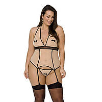 Корсет із пажами Passion VIENA CORSET 4XL/5XL, beige, контрастний, бантики, вставка-сітка, стрінги - SO7113