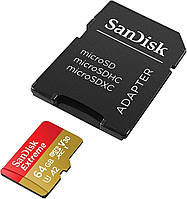Карта памяти MicroSDXC (UHS-1 U3) SanDisk Extreme A2 64Gb class 10 V30 (R170MB/s,W80MB/s) (adapter SD)