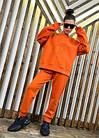 Теплый спортивный костюм-двойка оранжевого цвета с накаткой в виде сов: кофта прямого кроя и прямые штаны