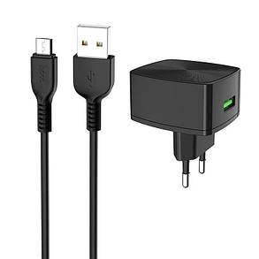СЗУ блок Hoco C70A QC3.0 (1USB/ 3.0A) + кабель Micro USB чорний, фото 1