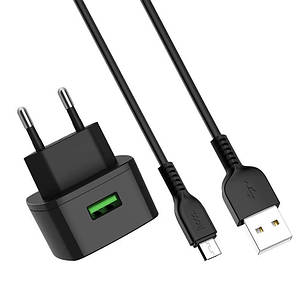 СЗУ блок Hoco C70A QC3.0 (1USB/ 3.0A) + кабель Micro USB чорний, фото 2
