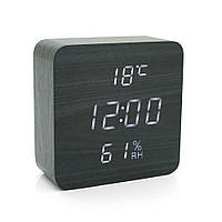 Електронний годинник VST-872S Wooden (Black), з датчиком температури та вологості, будильник, живлення від