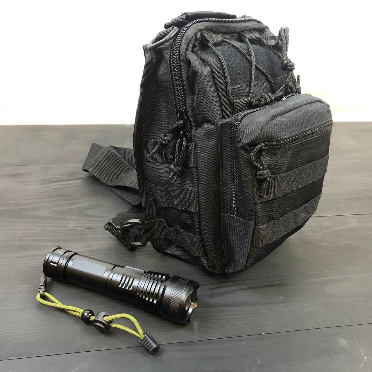 Набір: армійська чорна сумка + тактичний ліхтар професійний SP-439 POLICE BL-X71-P50