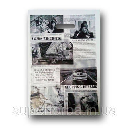 Поліетиленовий пакет із прорубною ручкою розмір 28х42 "Газета" ХВГ пакет із прорізною ручкою, пакет "банан" 50 штук, фото 1