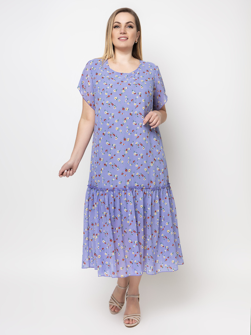 Шифонове плаття батал великі розміри 50-58 вільне з підкладкою блакитне