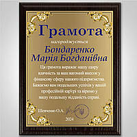 Подарунок бухгалтеру грамоту, африкану, фінансисту — диплом із металу на дерев'яній підкладці плакетці