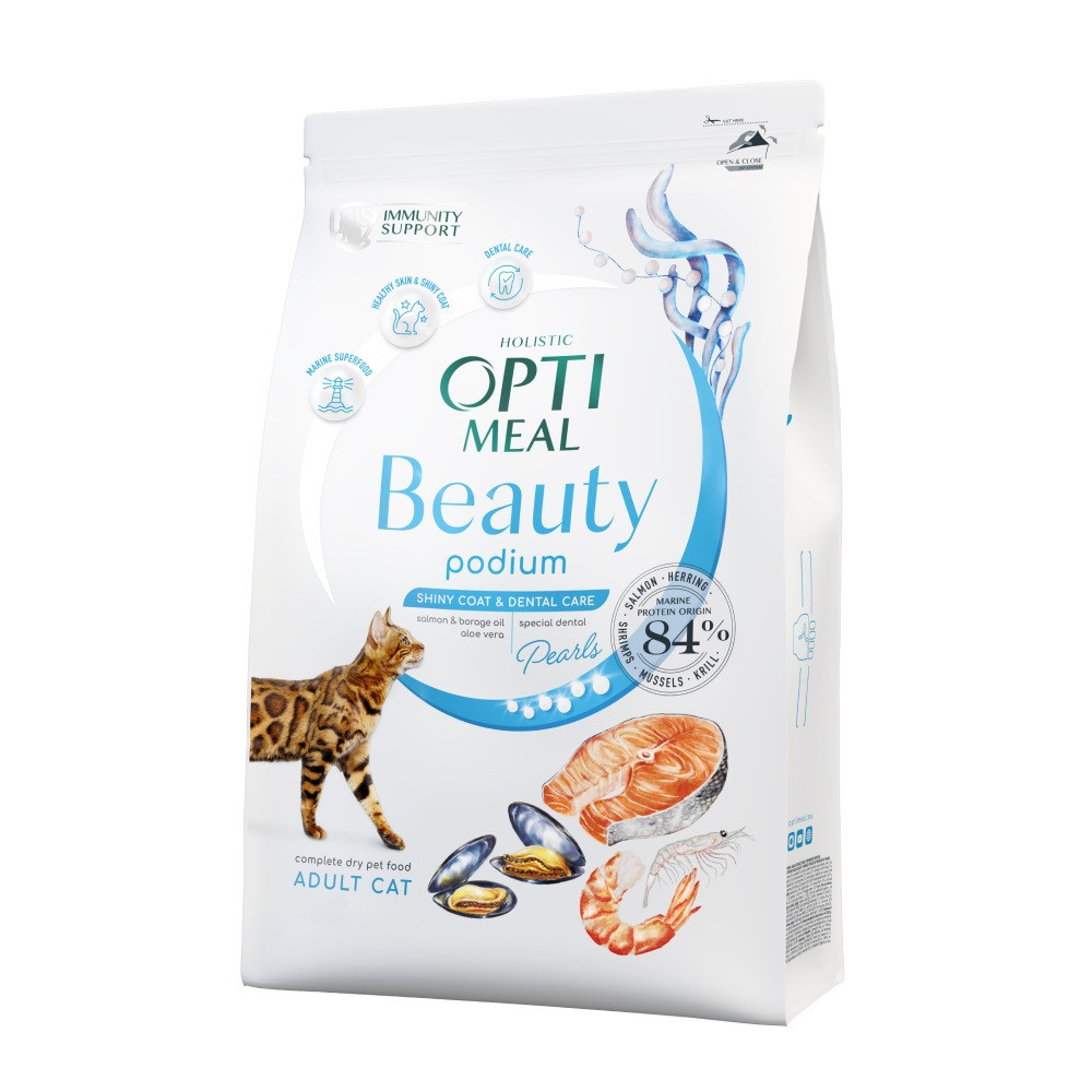 Сухой корм Optimeal Beauty Podium Shiny Coat & Dental Care для кошек уход за шерстью/зубами морепродукты 1.5кг