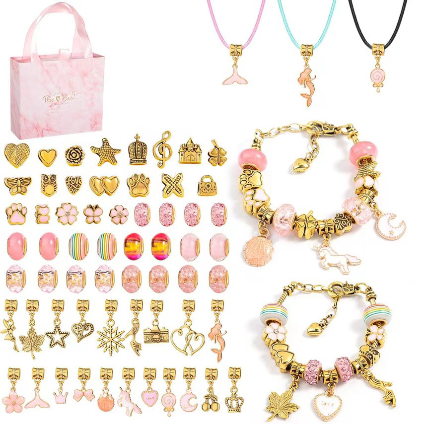 Набір браслетів та підвісок PRINCESS Gold 60 шармів +2 браслети + 3 підвіси Подарункова упаковка Рожевий