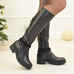 Чоботи жіночі шкіряні на маленькому підборі. Колір чорний. Батал!