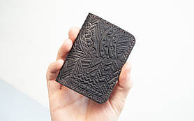 Обкладинка для ID паспорта шкіряна чорна з тисненням Карпати | Обкладинка на права 4 відділи