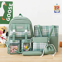 Набір шкільний рюкзак, шопер, пенал, сумочка, мішечок 5в1 MMSHU для дівчинки 5-11 клас, 5 кольорів, хакі