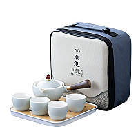 Дорожный чайный набор Lesko из 6 предметов Gray+Blue для китайской чайной церемонии керамический