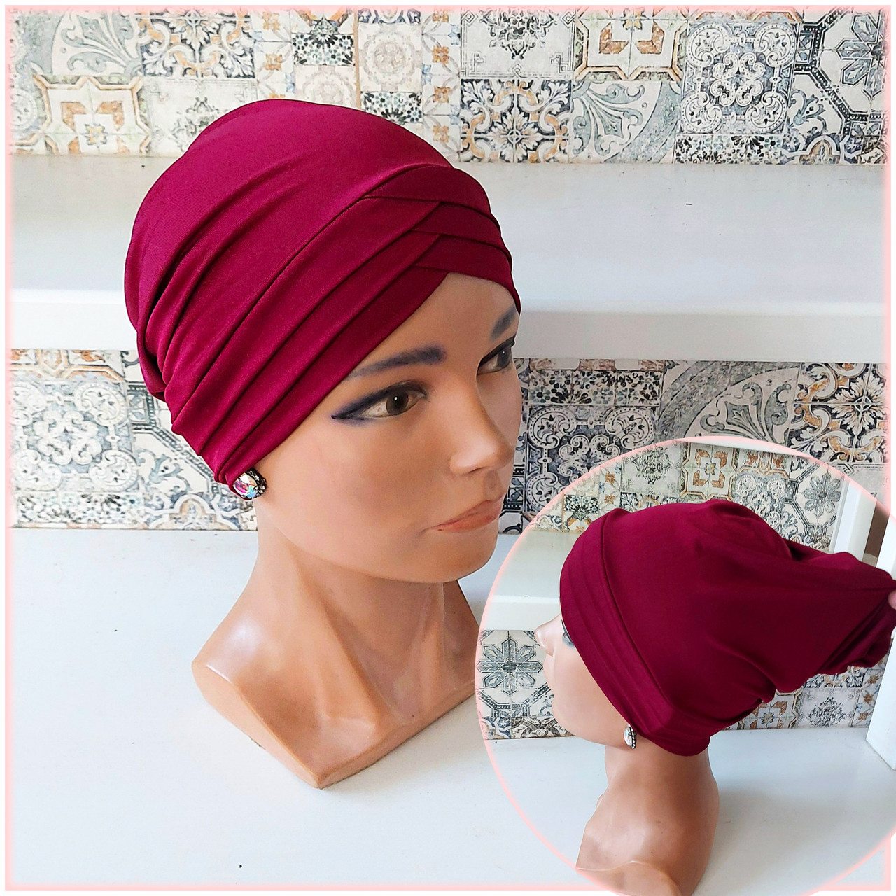 Чалма, хіджаб, шапка для алопеції(онко) ADEL 3* - бордова, фото 1
