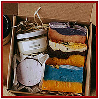 Гифт бокс 3 натуральных мыла ручной работы, бомбочка для ванной, арома свеча українського виробництва