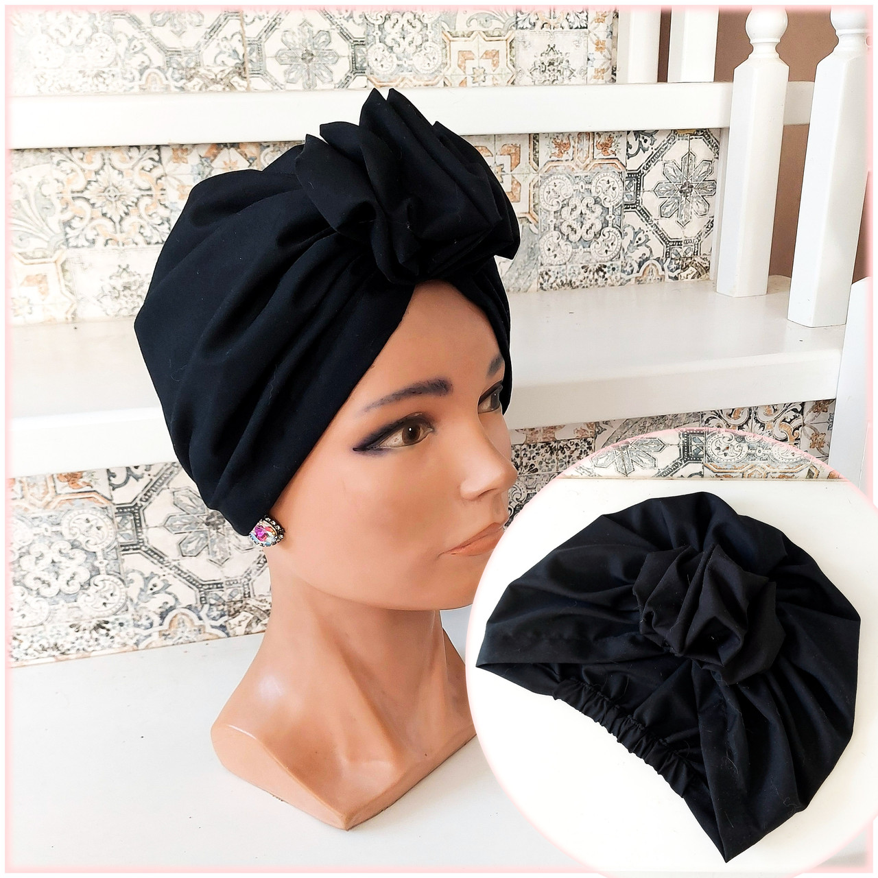 Шапка чалма з бавовняної плащівки для онко чорна MEMMI-1, фото 1