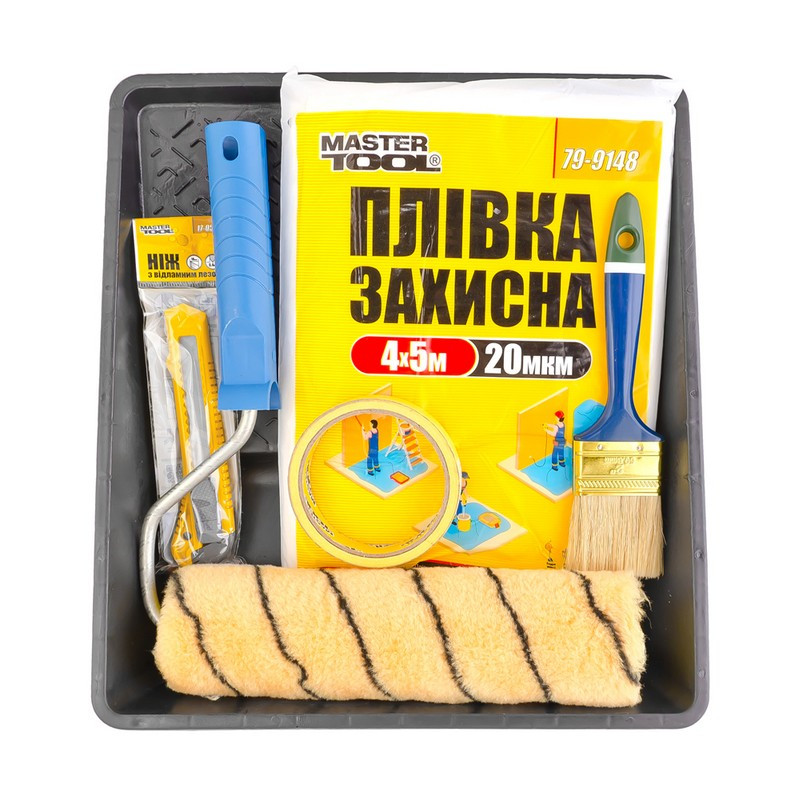 Набір малярний MASTERTOOL No5 валик з ручкою/пензлик/ніж/плівка/стрічка малярська/ванночка 92-8105