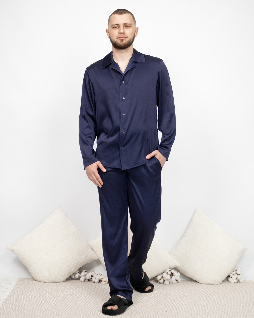 Піжама костюм чоловічий домашній шовковий сорочка зі штанами Темно-синій