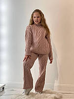 В'язаний костюм для дівчинки светр і штани палаццо з рельєфним візерунком р. 122-158