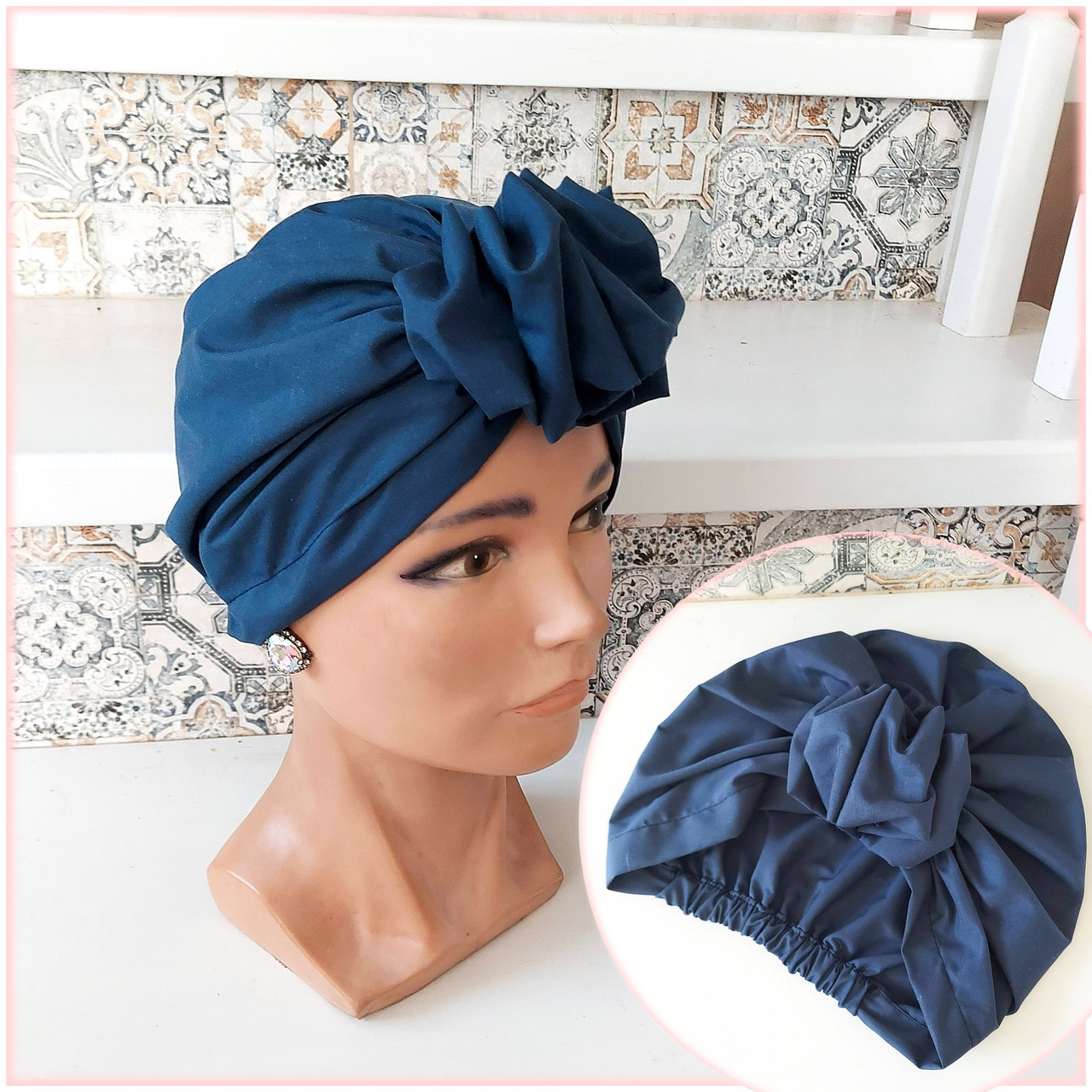 Шапка чалма з х/б плащівки для онко св/синя MEMMI-2, фото 1