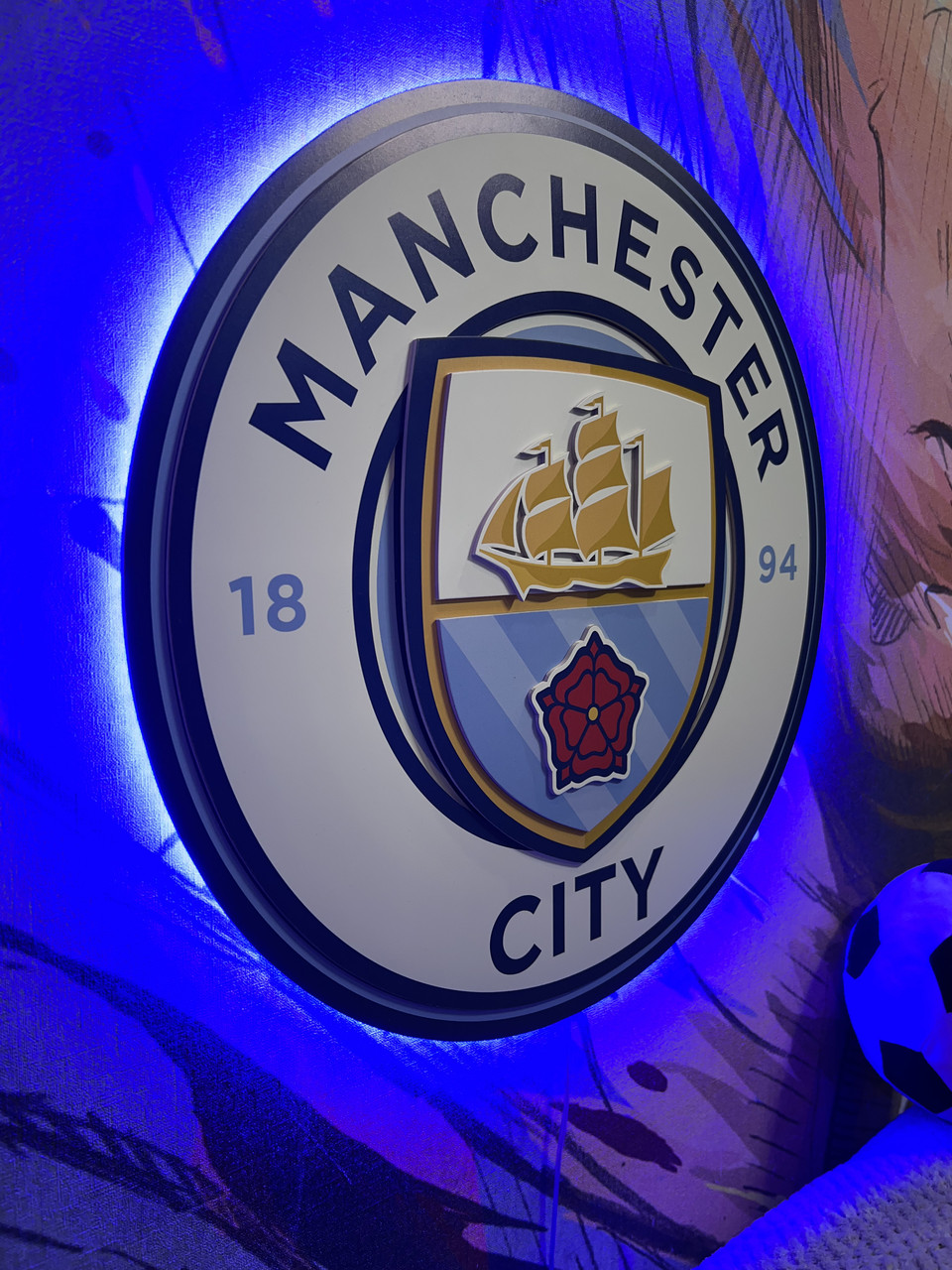 Об'ємна емблема з LED підсвіткою ФК "Манчестер Сіті", FC Manchester City, 40х40 см, футбольний декор.