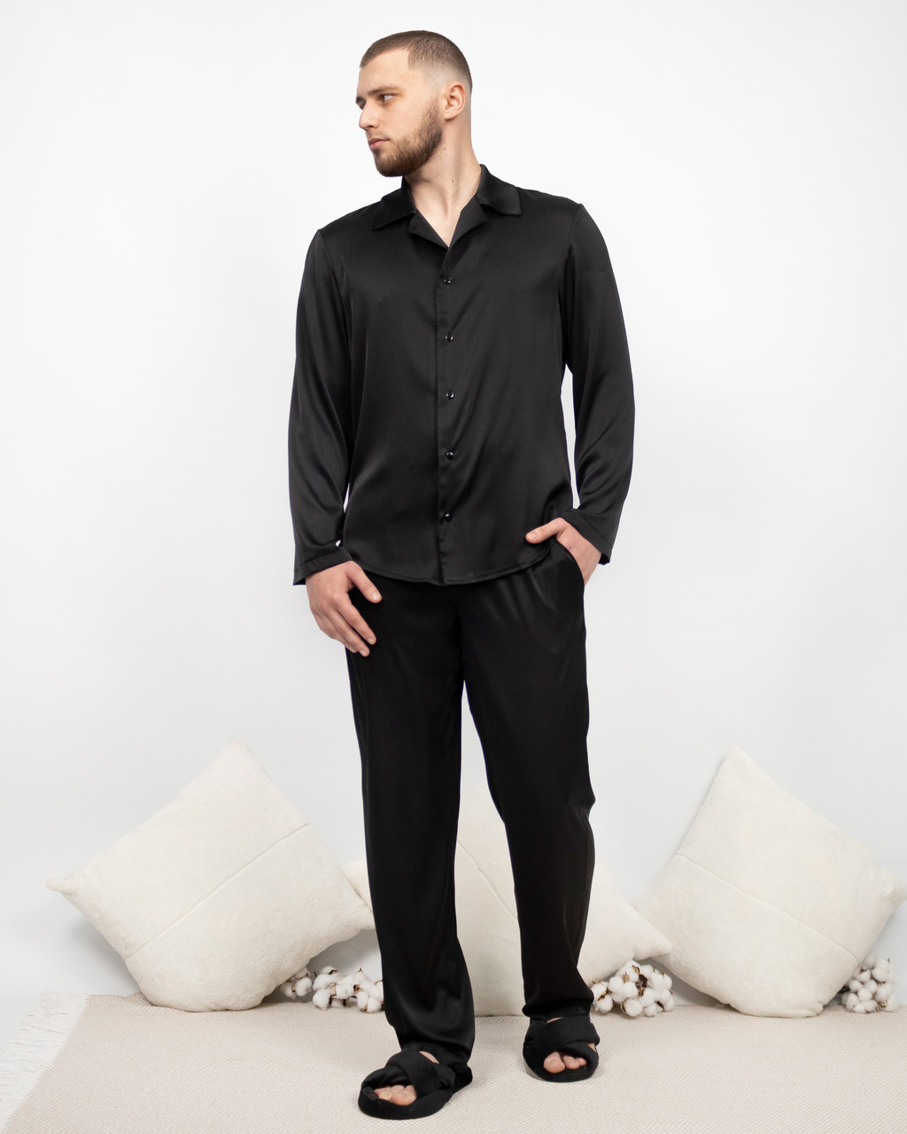 Піжама костюм чоловічий домашній шовковий сорочка зі штанами Чорний