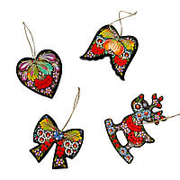 Новорічний декор ялинкових іграшок з дерева ручної роботи Петриківський розпис набір №2 (4 шт) ПОДАРУНКОВИЙ