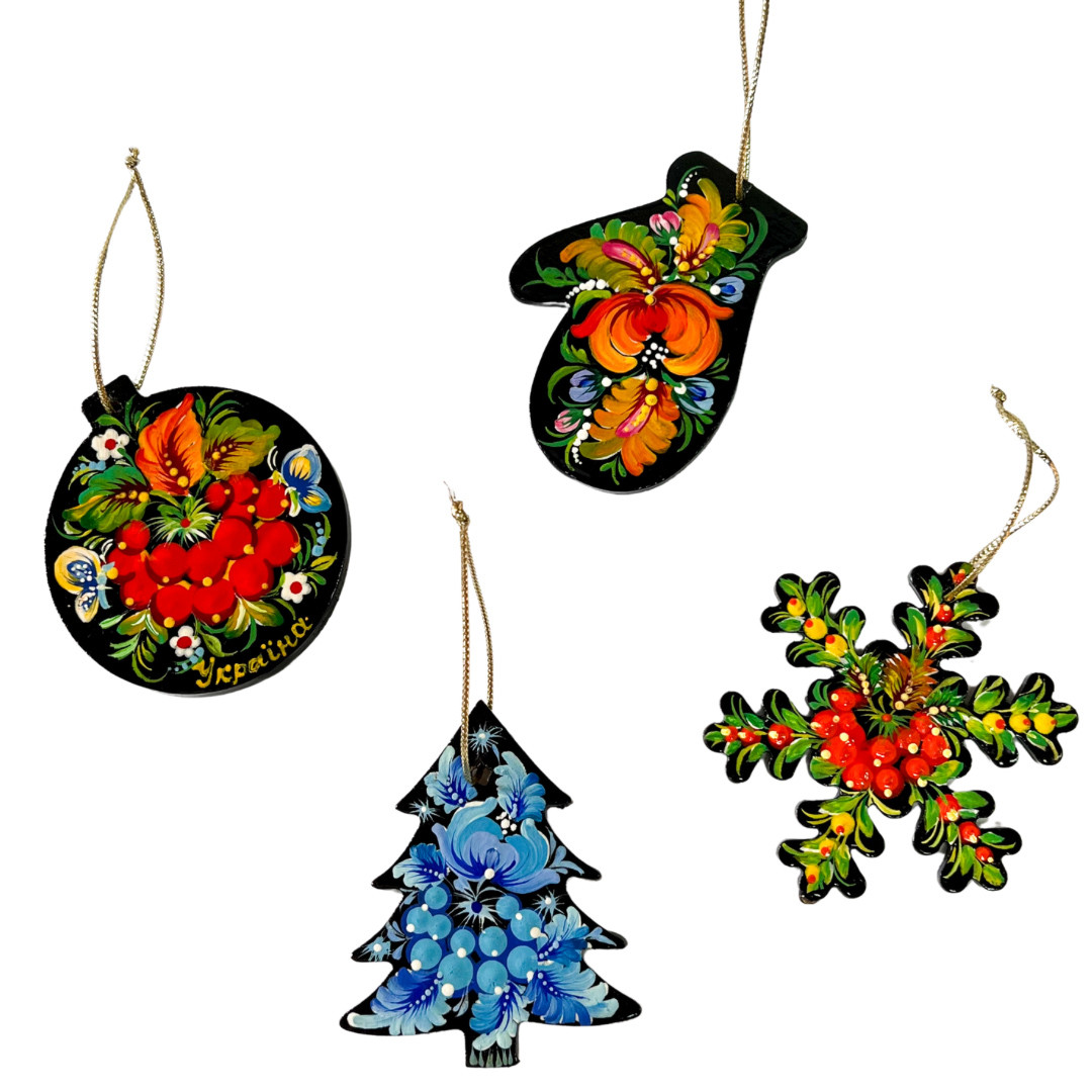 Новорічний декор ялинкових іграшок з дерева ручної роботи Петриківський розпис набір №2 (4 шт) ПОДАРУНКОВИЙ, фото 1