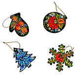 Новорічний декор ялинкових іграшок з дерева ручної роботи Петриківський розпис набір №2 (4 шт) ПОДАРУНКОВИЙ, фото 2