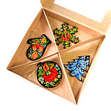 Новорічний декор ялинкових іграшок з дерева ручної роботи Петриківський розпис набір №2 (4 шт) ПОДАРУНКОВИЙ, фото 8