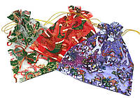 Мішечок ЦІНА ЗА 1ШТ, з органзи, з кольоровим друком, новорічний малюнок, 20*30см