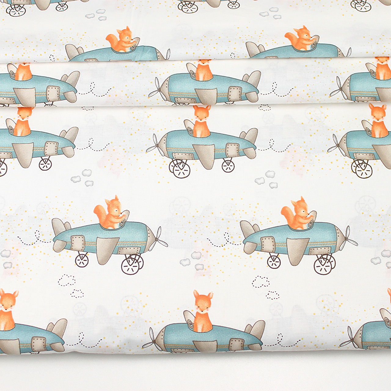 Ранфорс шириною 240 см "Лисички на літаках" на білому № К-46-1, фото 1