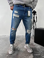 Мужские джинсы рваные (синие) зауженные удобные свободная посадка комфортные с протертостями s9040