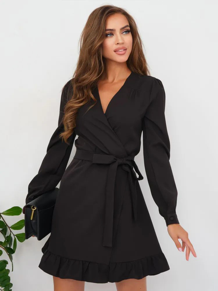 Красива коротка жіноча плаття-міні на запах з рюшею та довгим рукавом, чорне