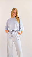 Женский велюровый пижамный комплект, домашний костюм футболка и штаны оверсайз велюр голубо-серый