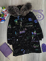 Детская зимняя куртка для девочки Denny Kids чёрная с мехом с капюшоном Размер 128 (8 лет)