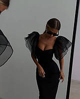 Женское нарядное платье с пышным рукавом, 42-44, 44-46, черный, костюм + органза.