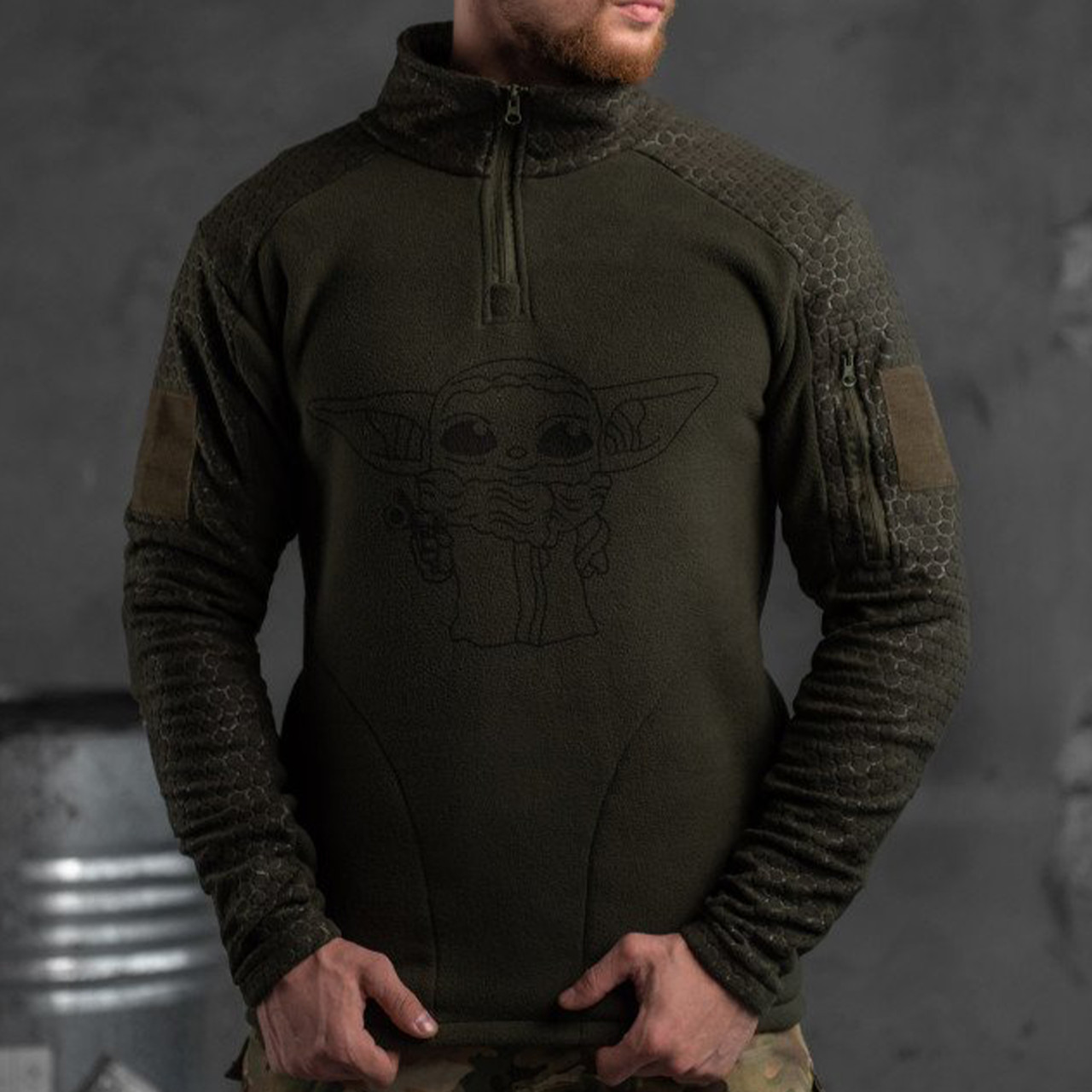 Тактична флісовка з кишенями/ Армійська оливкова кофта з малюнком Йода/ Чоловіча фліска Хакі для військових