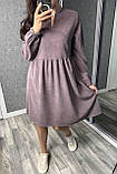 Фрезове вільне вельветове плаття по коліно з v-подібним вирізом, рукав на гумці, фото 4