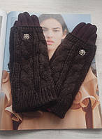 Теплі жіночі рукавички з дов'язом коричневі