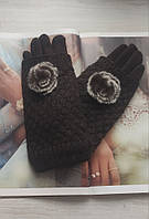 Теплі жіночі рукавички з дов'язом пушок, коричневі