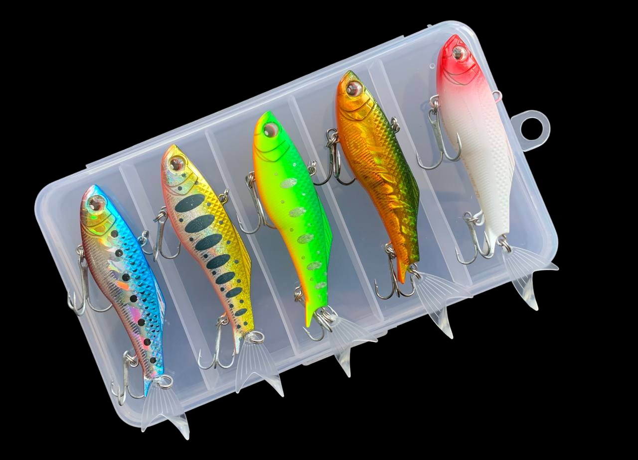 Набір Воблер Ратлин Hardcore Fintail Vibe S (70 мм 18 гр) тонкий раттлін (5шт+коробка), фото 1