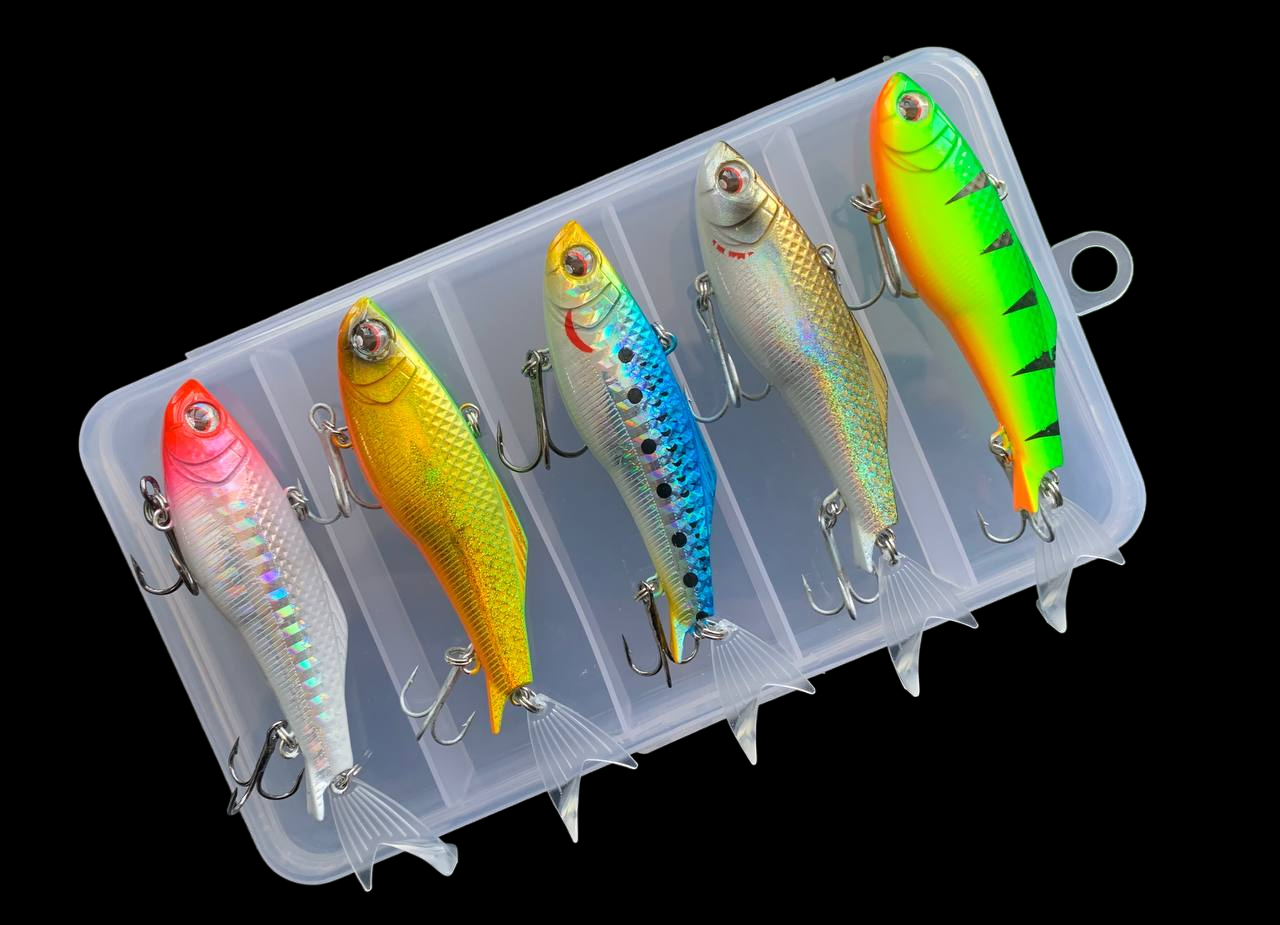 Набір Воблер Ратлин Hardcore Fintail Vibe S (70 мм 18 гр) тонкий раттлін (5шт+коробка), фото 1