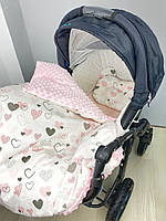 Комплект постільної білизни в коляску-ковдра 100 х 80см, простирадло+подушка - Сердечки ніжні з рожевим плюшем