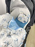 Комплект постільної білизни в коляску-ковдра 100 х 80см, простирадло+подушка - Морський з блакитним плюшем