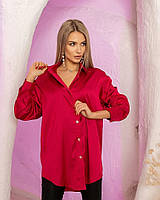 Легкая женская шелковая блуза с длинным рукавом больших размеров:42-46, 48-52 малиновая