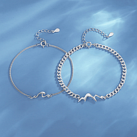 Парные серебряные браслеты для двоих со Вставкой Горы и Волна