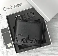 Гаманець шкіряний чоловічий чорний Calvin Klein портмоне з натуральної шкіри з брелоком брендовий